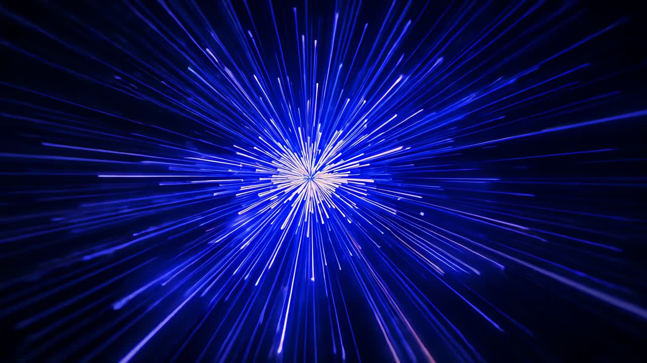 Emerging bright core initiating radial blue streaks expanding in dark void, emitting energy pulses