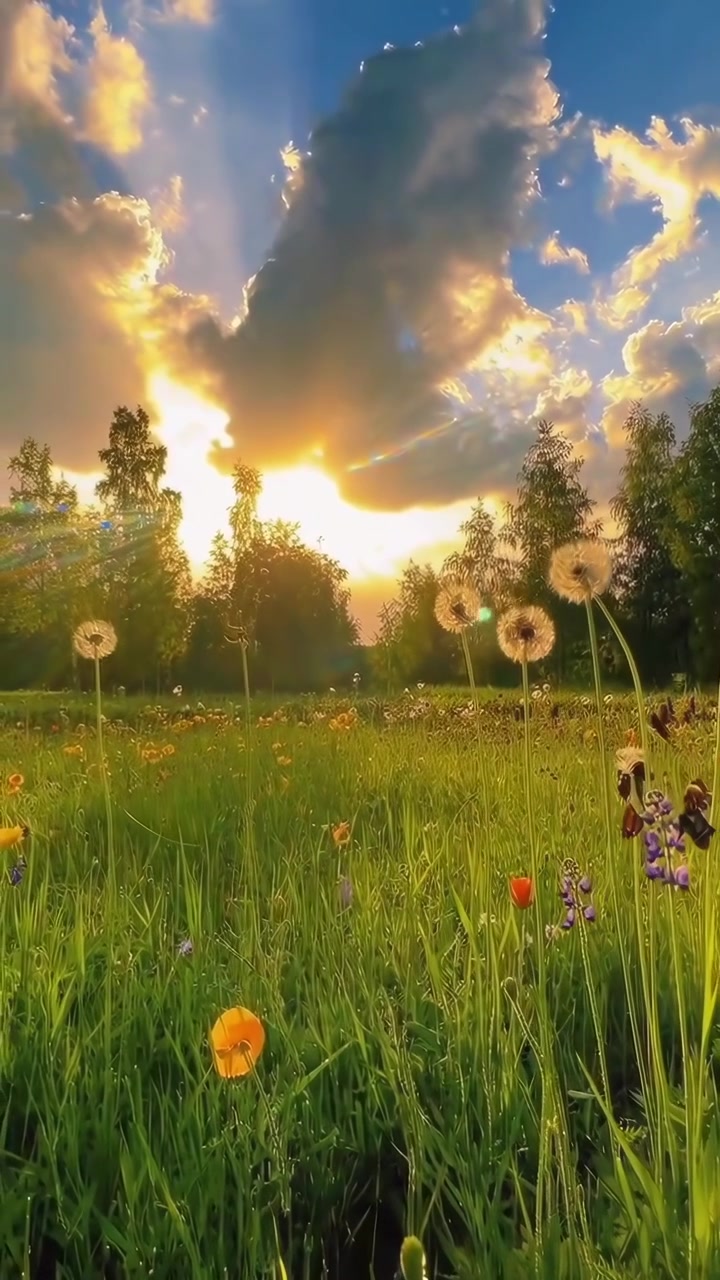 Gylden solnedgang over en vildblomsteng med mælkebøtter