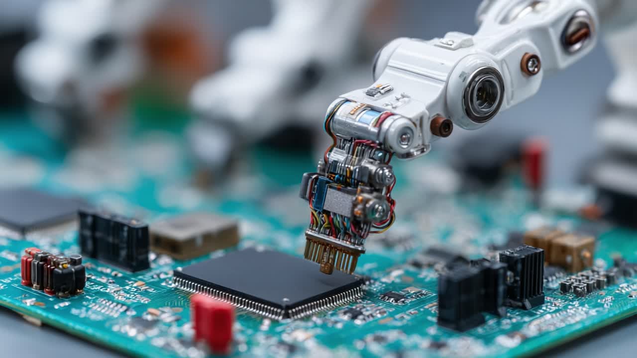 An Automated Robotic Arm Precisely Manipulating Microchips on a Circuit Board, Highlighting Advanced Technology in Electronics Manufacturing and Assembly Processes
