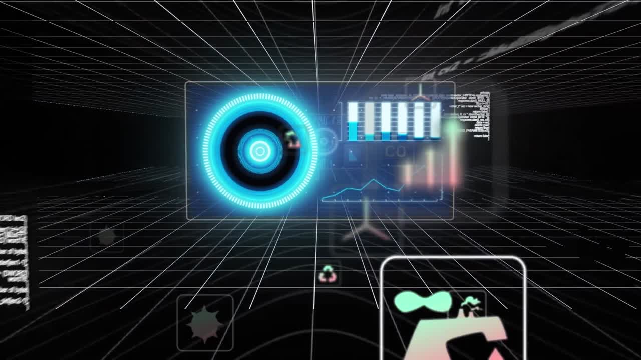 검은 바탕에 그리드 네트워크를 통해 데이터 처리를 하는 디지털 아이콘과 화면의 애니메이션