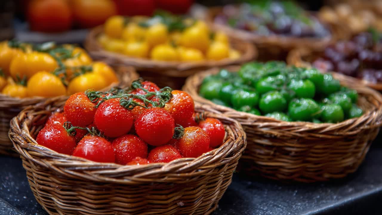 A Vibrant Display of Fresh Tomatoes in Baskets, Showcasing Vivid Colors and Textures, Perfectly Arranged for an Eye-Catching Presentation in a Market Setting