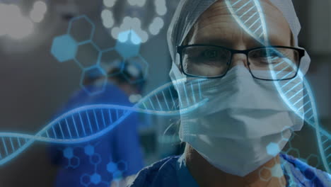 animation of dna strand and medical data processing over biracial female doctor in face mask