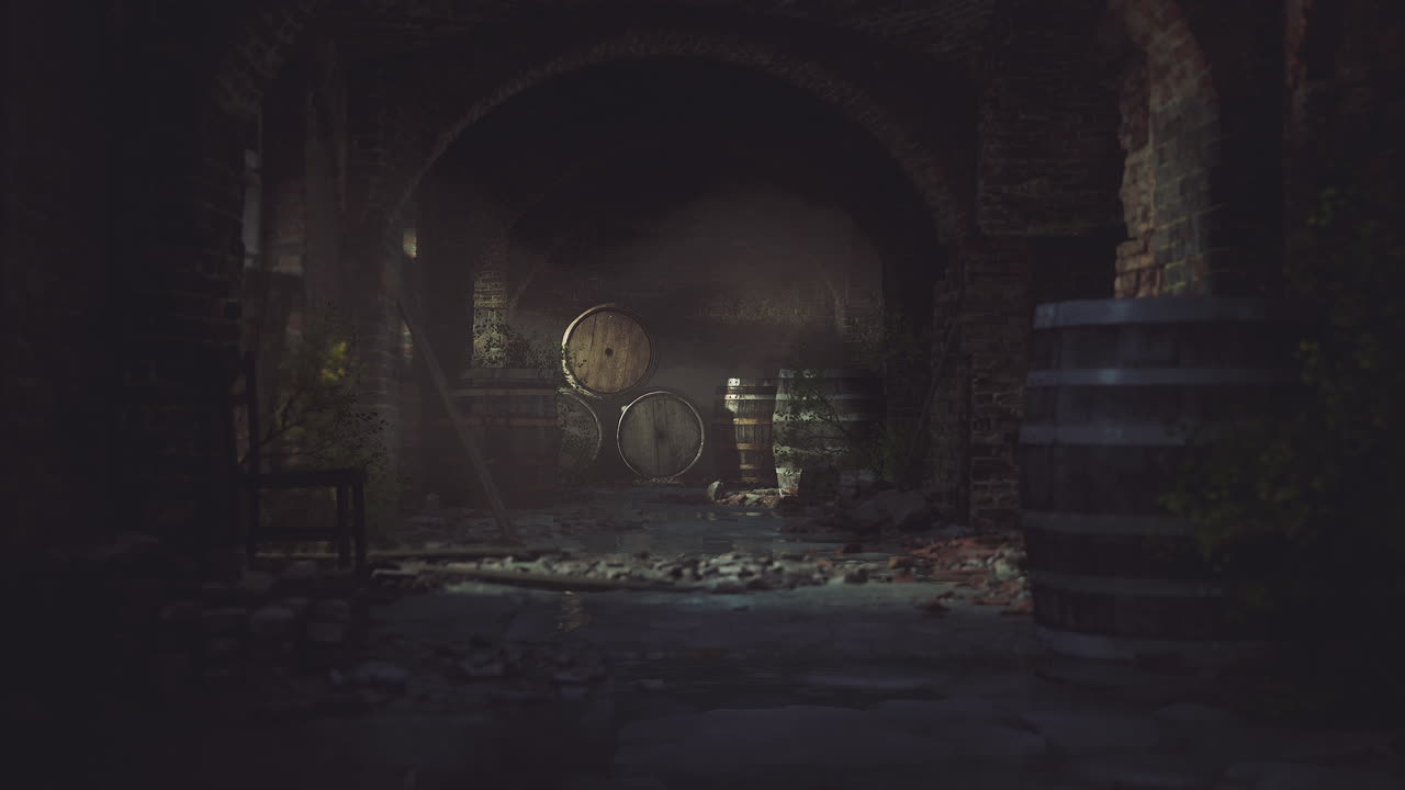 Old stone cellar with wooden barrels and dim lighting at night