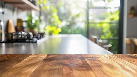 a wooden table top in a kitchen with a blurred background