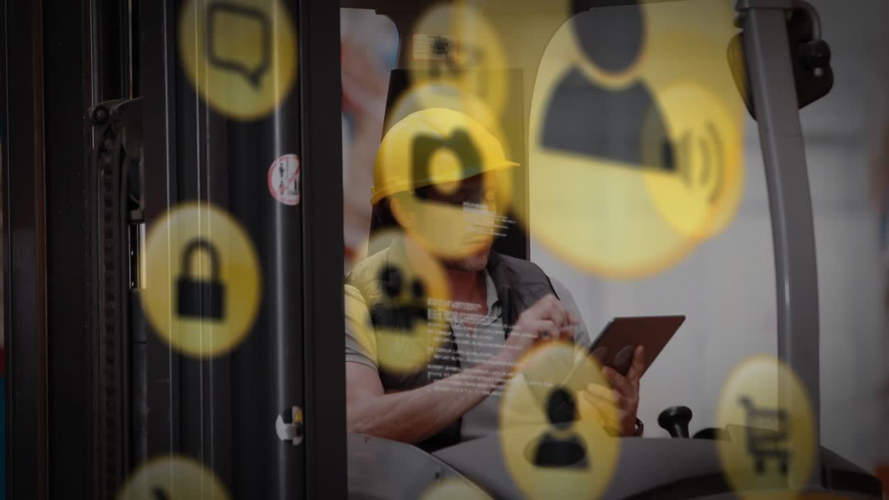 Forklift operator tapping tablet reviewing warehouse data as service icons drifting around controls