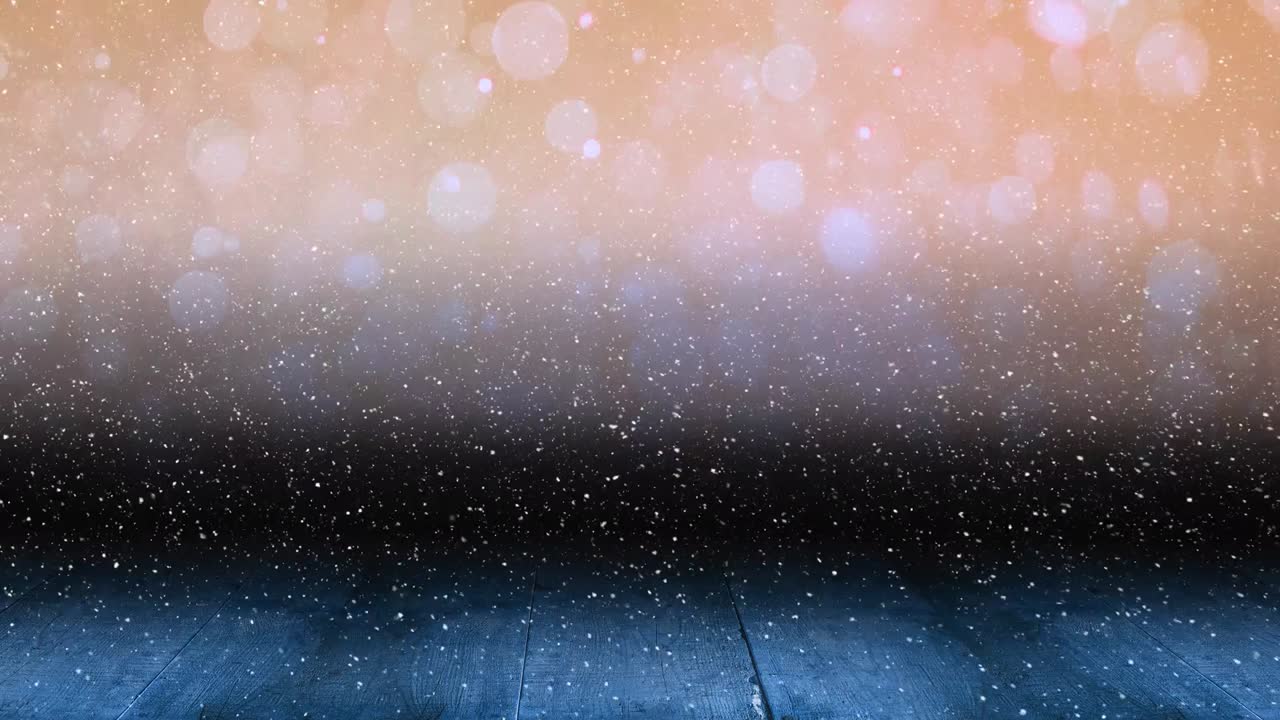 コピースペースと木製の表面を持つ輝く光の点の上に降る雪のアニメーション