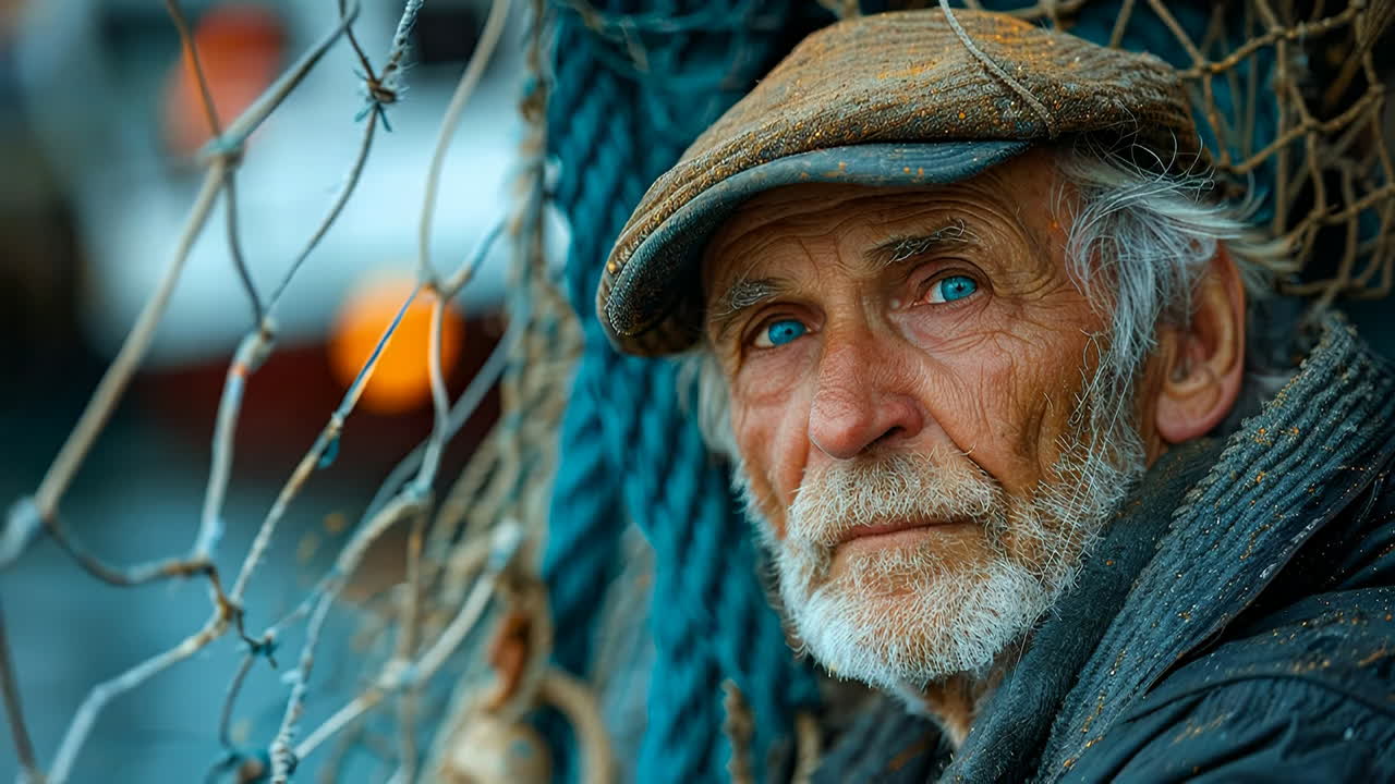 Un uomo anziano con gli occhi azzurri vicino alle reti. Un uomo anziano con gli occhi azzurri siede vicino alle reti da pesca, con aria pensierosa, in una giornata di attività in un porto di pescatori.
