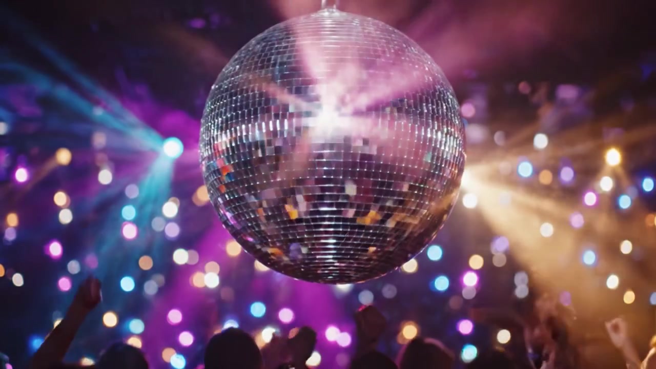 En blændende discoscene med en glitrende diskokugle, der oplyser dansegulvet og indfanger essensen af en pulserende nattelivsstemning.