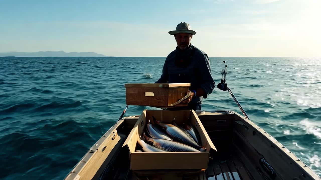 un pescador en un barco con una captura de pescado fresco