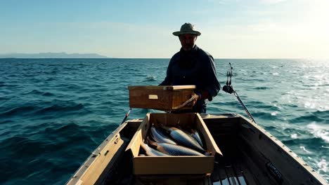 a fisherman on a boat with a catch of fresh fish