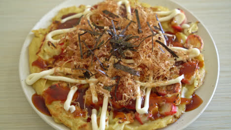 Japanische-Traditionelle-Pizza,-Die-Okonomiyaki-Genannt-Wird---Japanischer-Essensstil