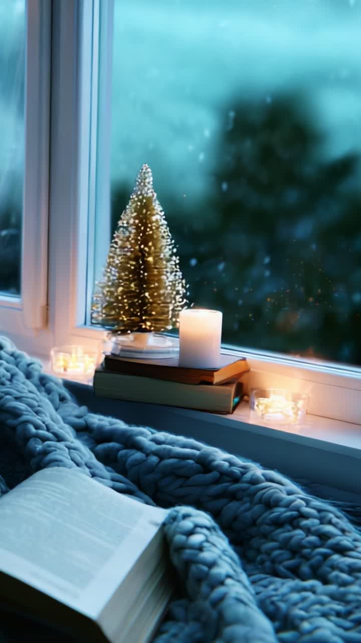 A Cozy Holiday Retreat: A Decorated Window Nook Featuring a Warm Knitted Blanket, Glowing Candles, Twinkling Christmas Tree, and a Book, Perfect for Enjoying Winter's Serenity and Comfort