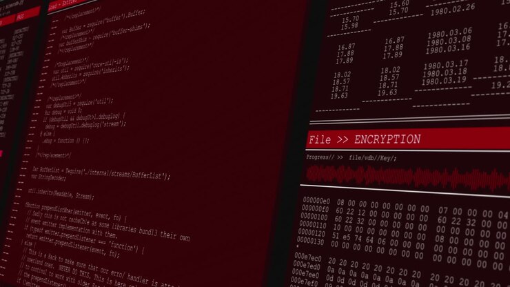 Animation of data processing on red computer screens