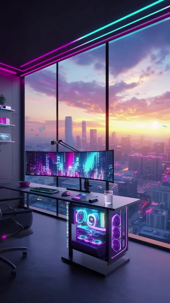 Futuristic gaming setup with neon lights, wide-angle view, perfect for video content creation