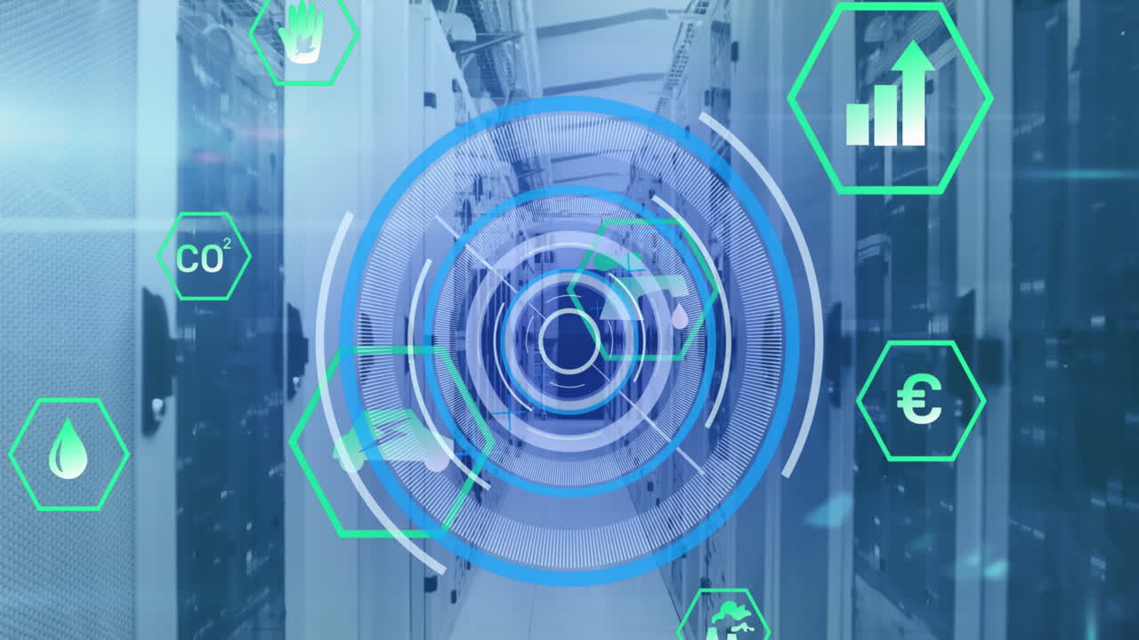 animación del escaneo del alcance, los iconos de eco y el procesamiento de datos a través de servidores informáticos