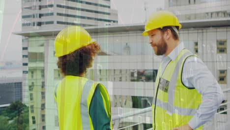 animación del procesamiento de estadísticas sobre arquitectos masculinos y femeninos hablando en el sitio de construcción