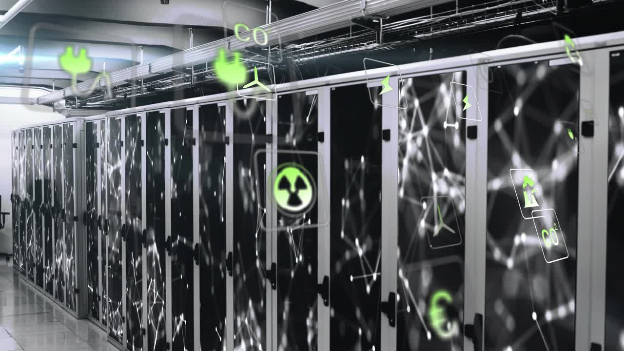 Animation of eco icons and digital data processing over computer servers