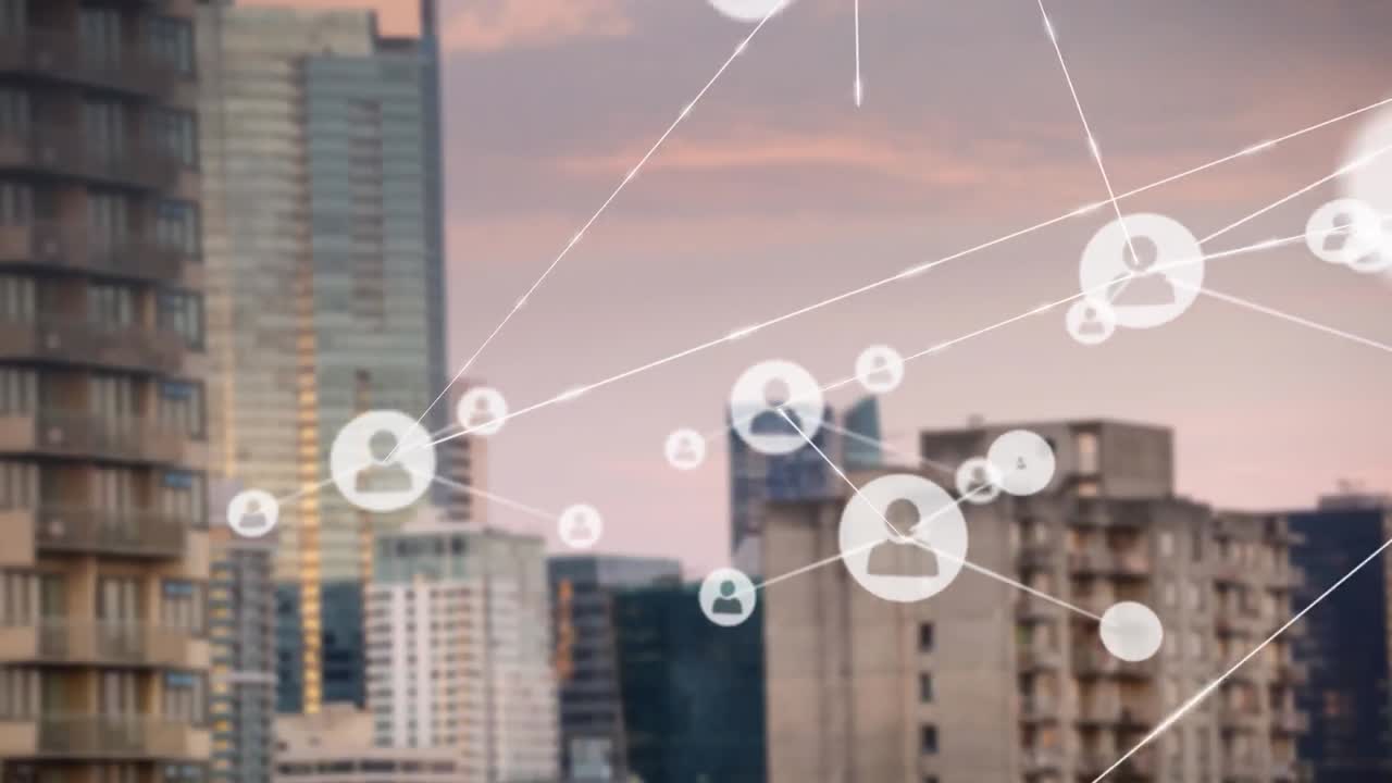 animación de la red de conexiones con las personas iconos sobre el paisaje urbano