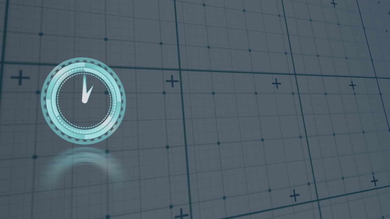 디지털 그리드 위에서 빠르게 움직이는 시계의 애니메이션