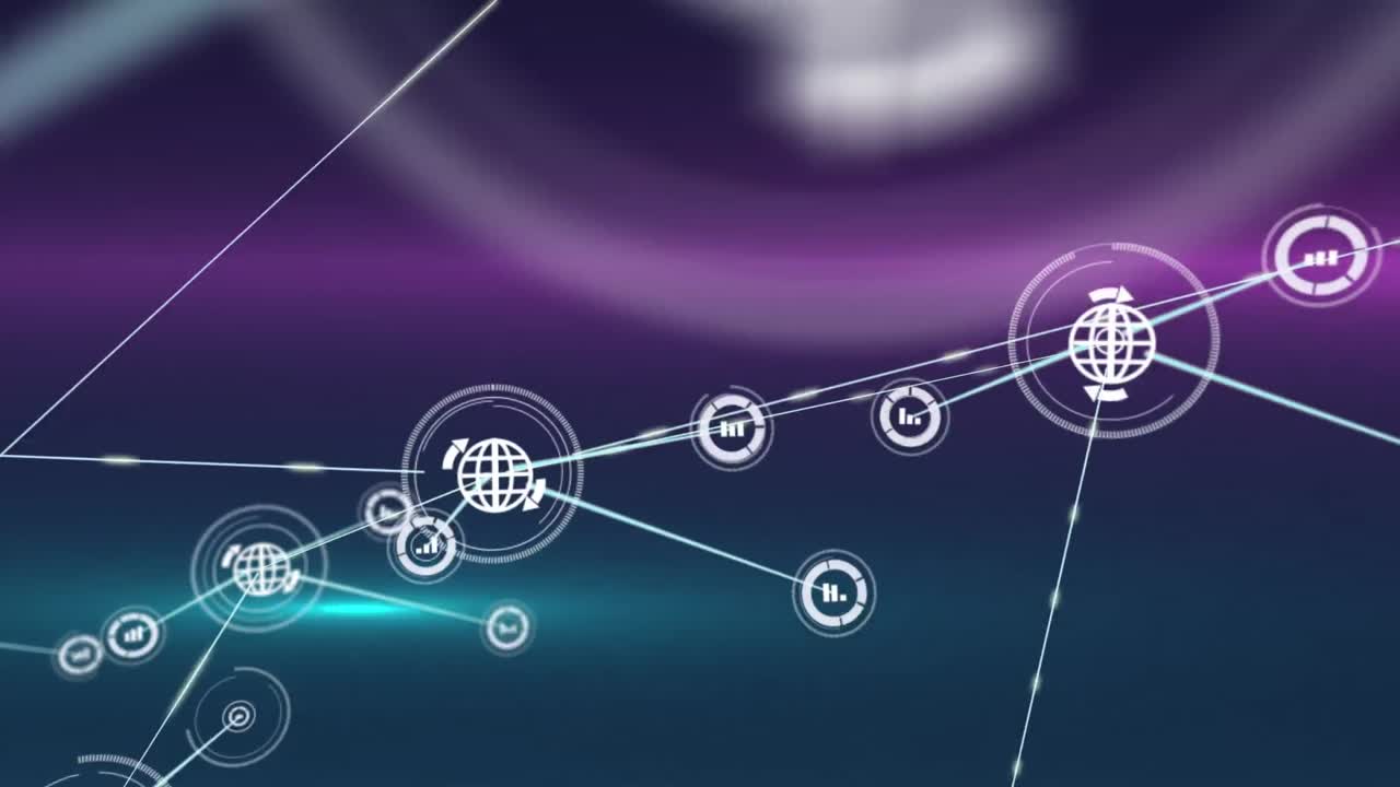 animación de la red de conexiones con iconos sobre fondo rosa y azul