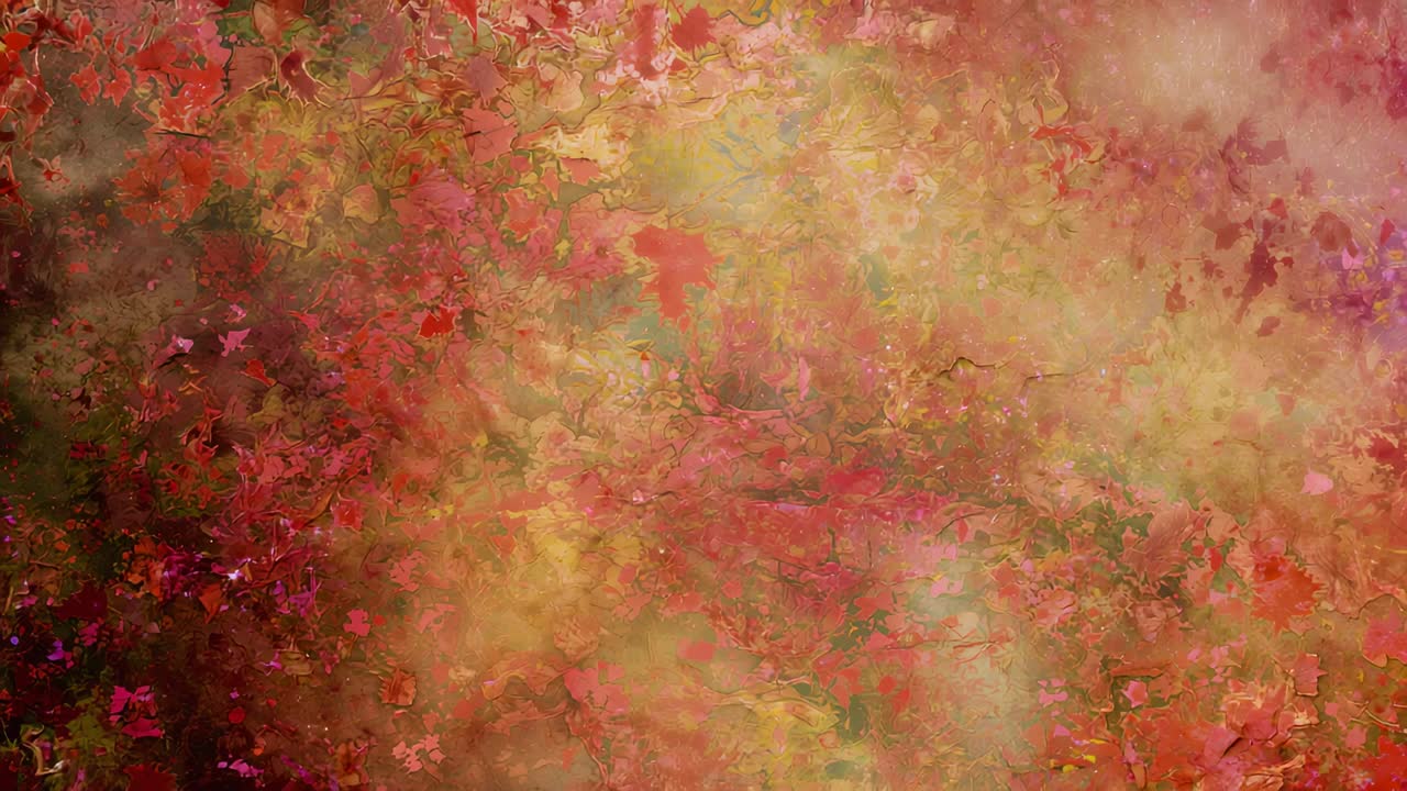Animação começando, textura multicolorida flutuando e se transformando em um plano plano, com pinceladas de pétalas