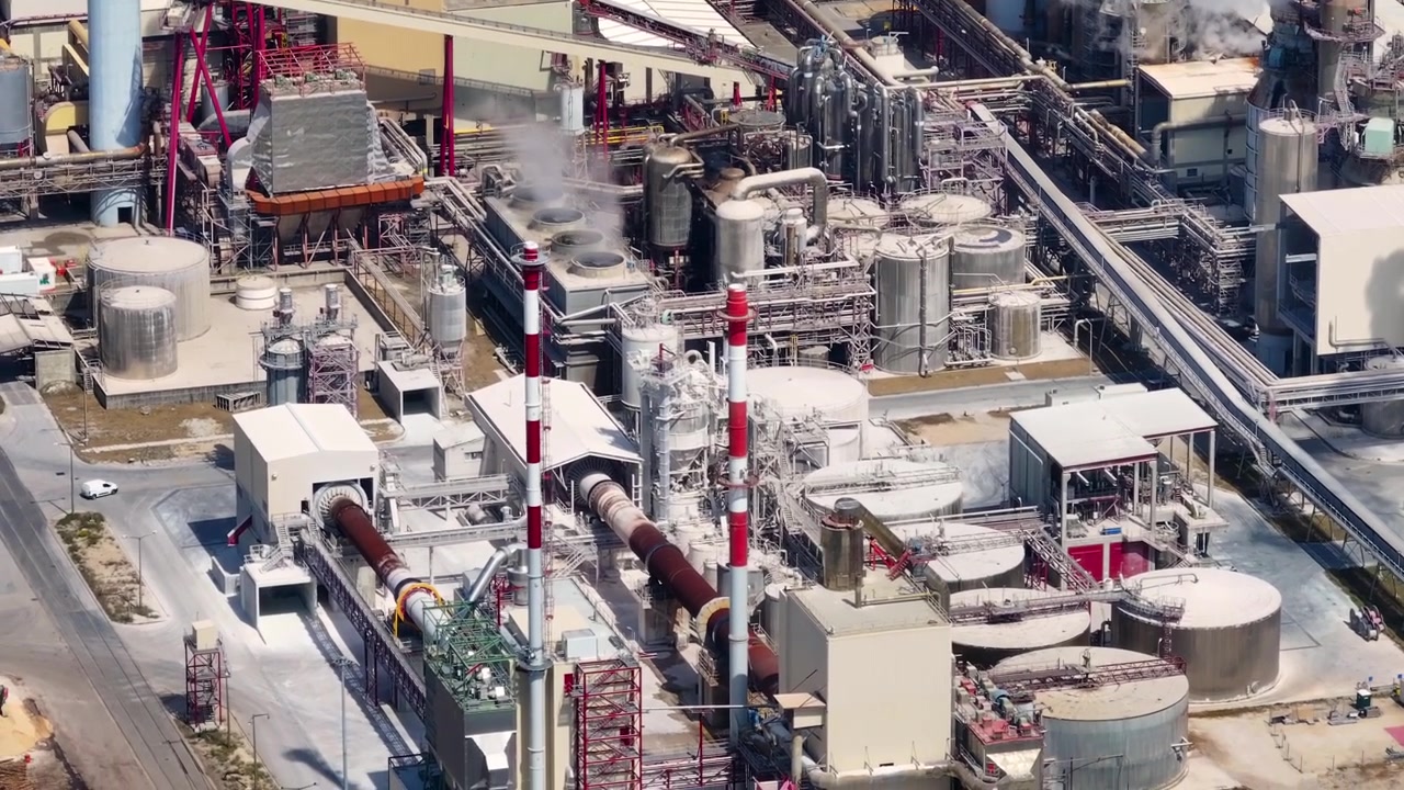 Industrial pulp mill producing cellulose from eucalyptus biomass. An aerial perspective of the bioenergy facility, showing its infrastructure