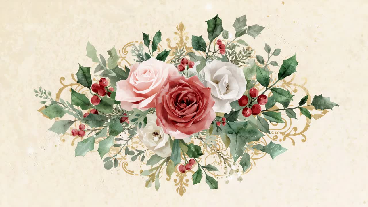 Frame starting bouquet looping gently on beige, showing deep red rose, gold filigree, red berries