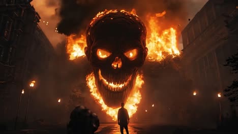 a man standing in front of a large skull in the middle of a city