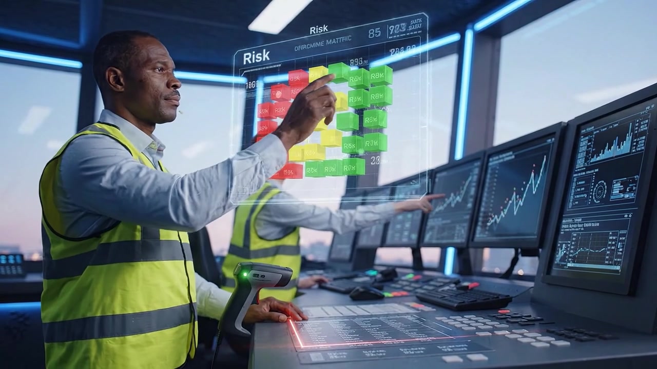 Engineer Scans Data and Interacts with Holographic Risk Matrix in Modern Control Room