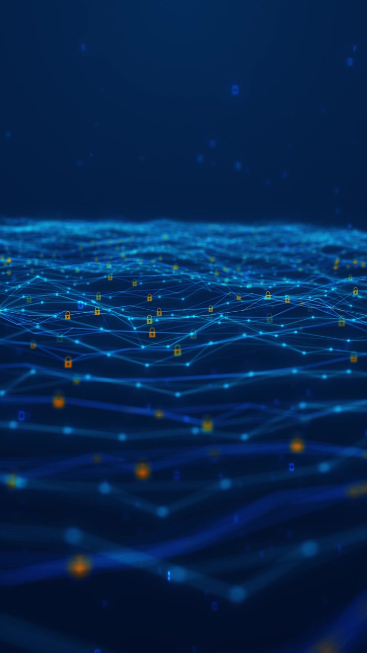 Cyber security lock network background glowing blue mesh connected nodes and encrypted digital