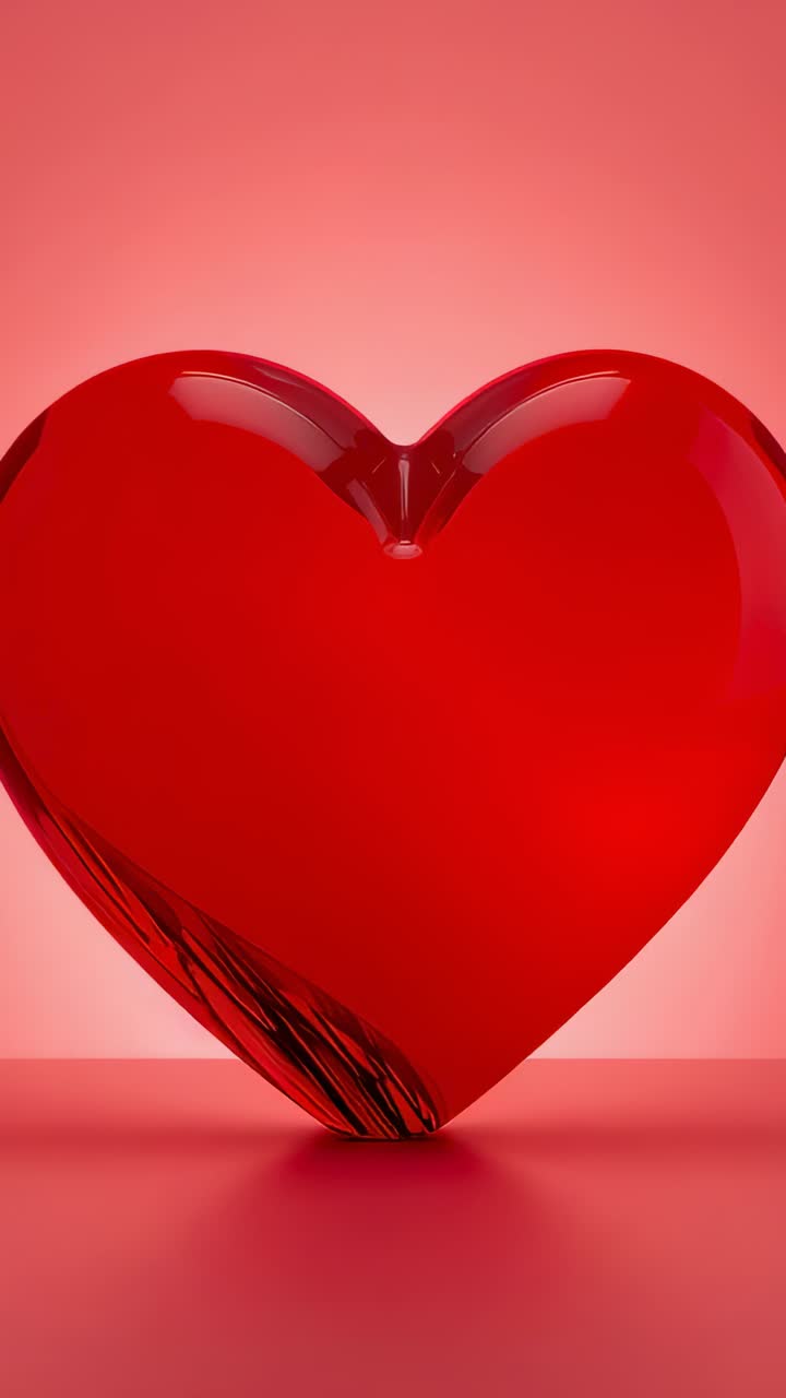 Video verticale: scultura di cuore rosso lucido rotante su piedistallo brillante in studio, che mostra alone posteriore