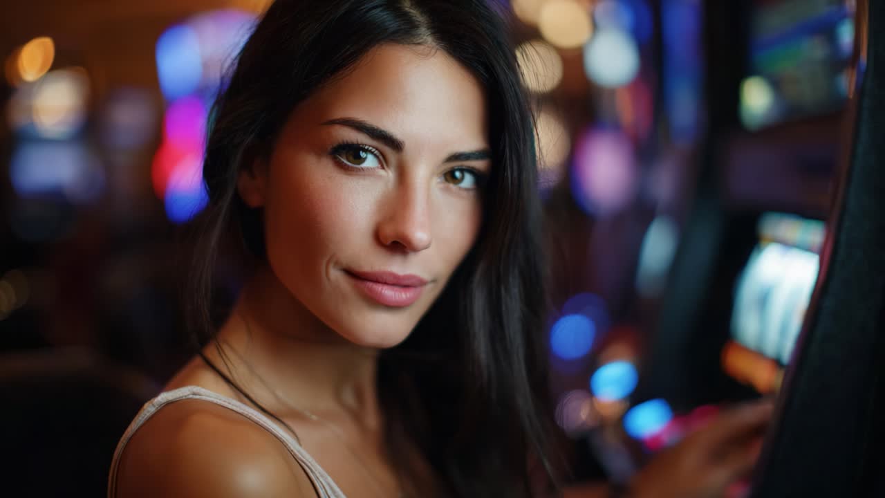 Mujer cautivadora posando cerca de una máquina tragaperras en un ambiente de casino vibrante, que expresa un carisma y un embelesamiento únicos entre luces y colores resplandecientes