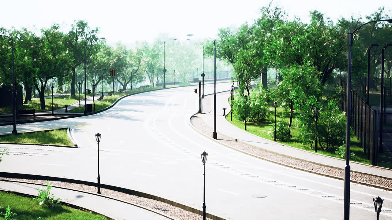 나무 가 있는 도시 의 비어 있는 아스팔트 도로