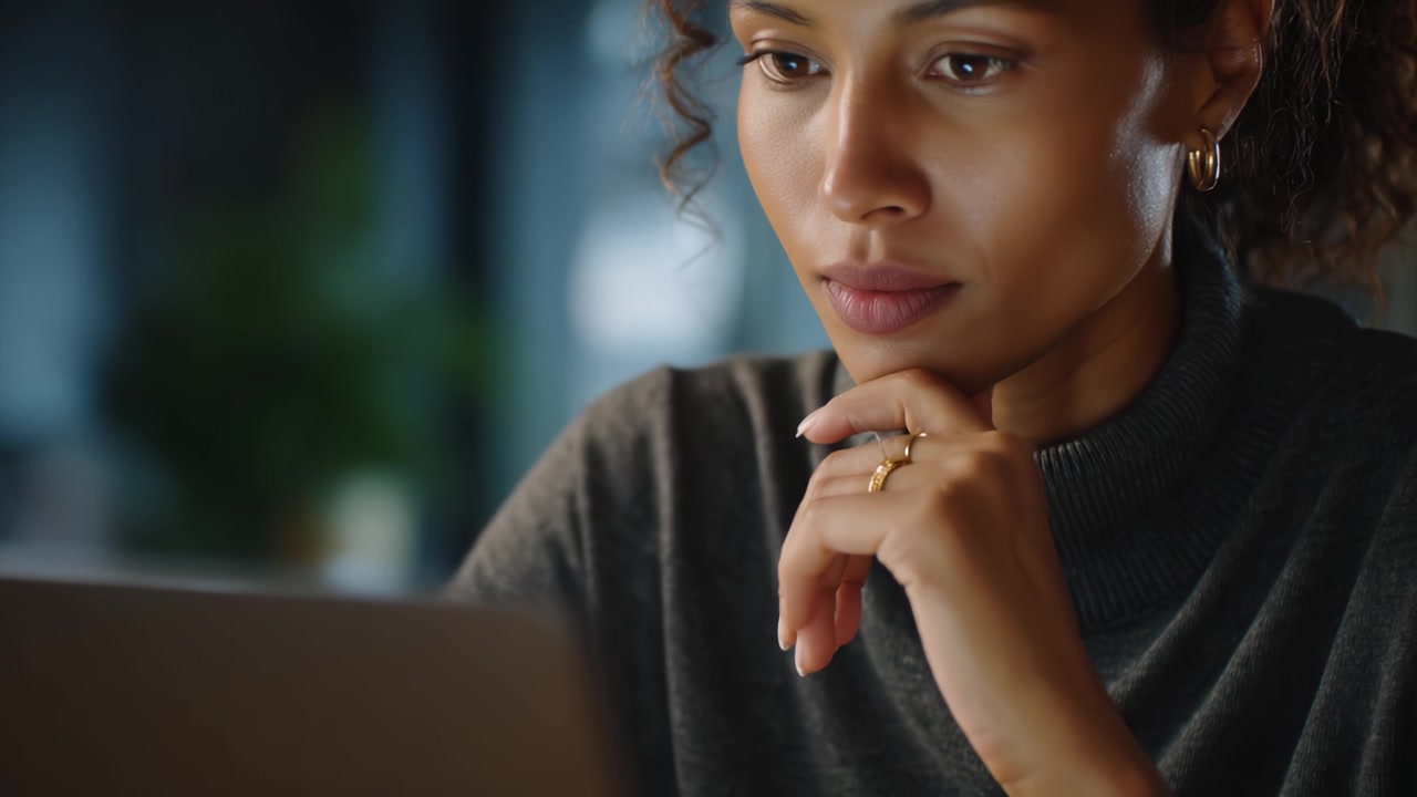 Contemplative Focus: A Woman Engaged in Thoughtful Observation While Working on a Laptop, Highlighting the Depth of Concentration and Introspection in a Modern Setting