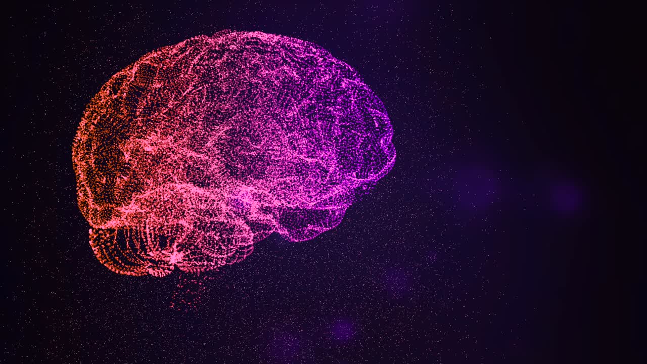 3d bright animation of a brain and confusing thoughts interpreted by glittering particles in space with flying bokeh.