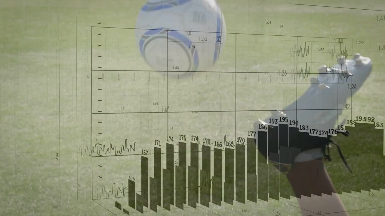 Male athlete shifting weight and flicking cleat to lift ball in sport training, showing data charts