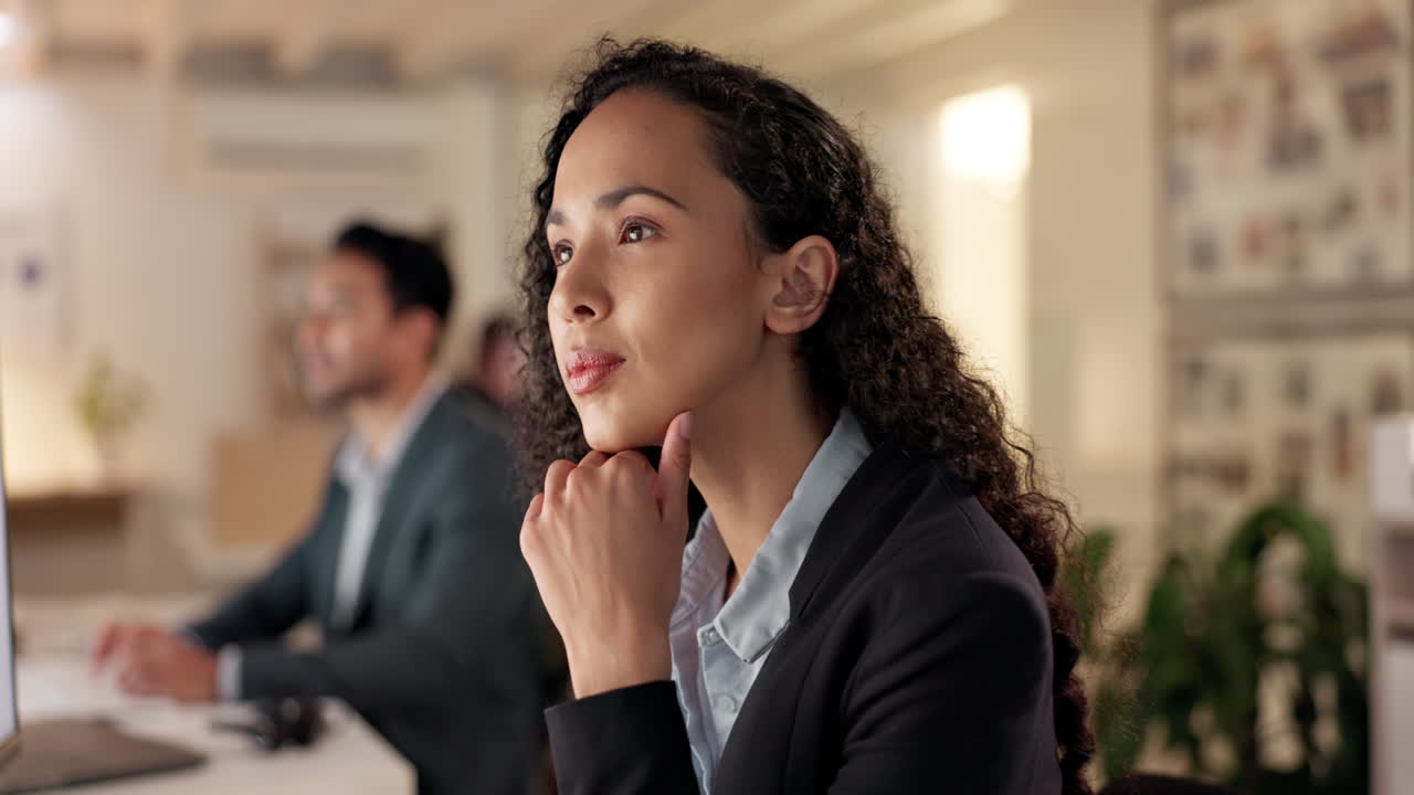 Thinking, office and business woman at night