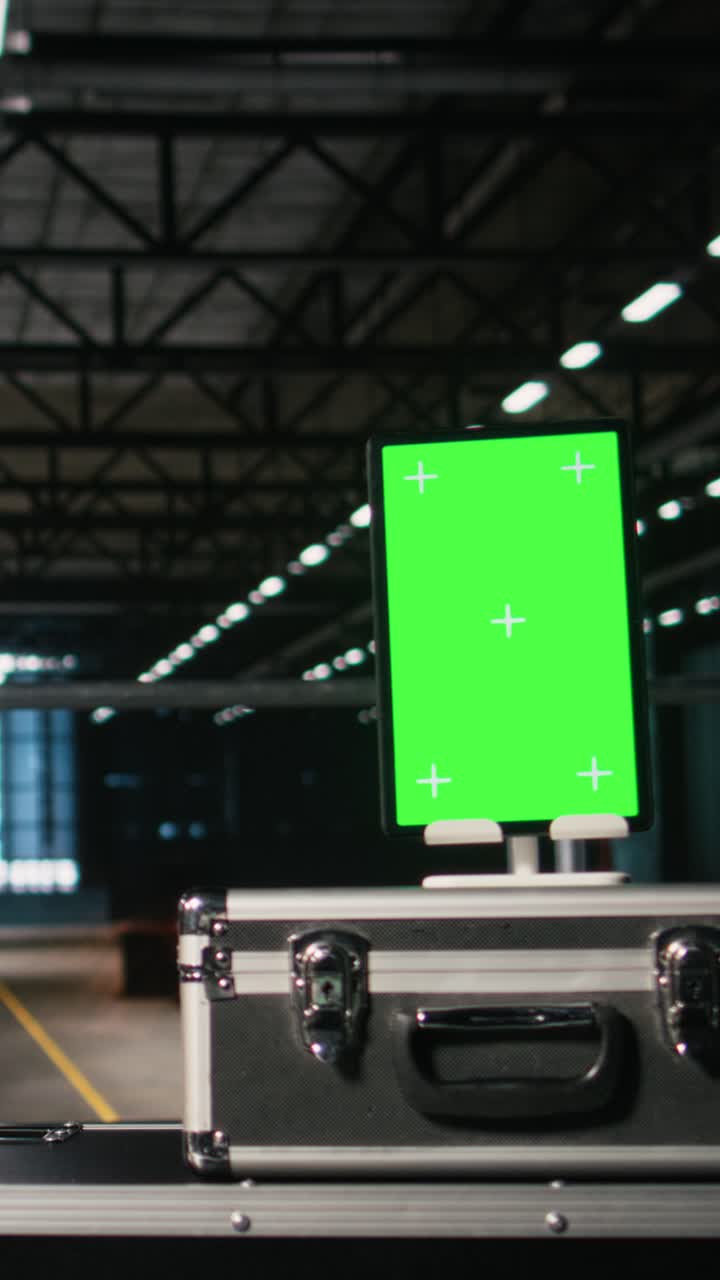 Video verticale: Schermo chroma key verticale su tablet in una struttura ingegneristica vuota.