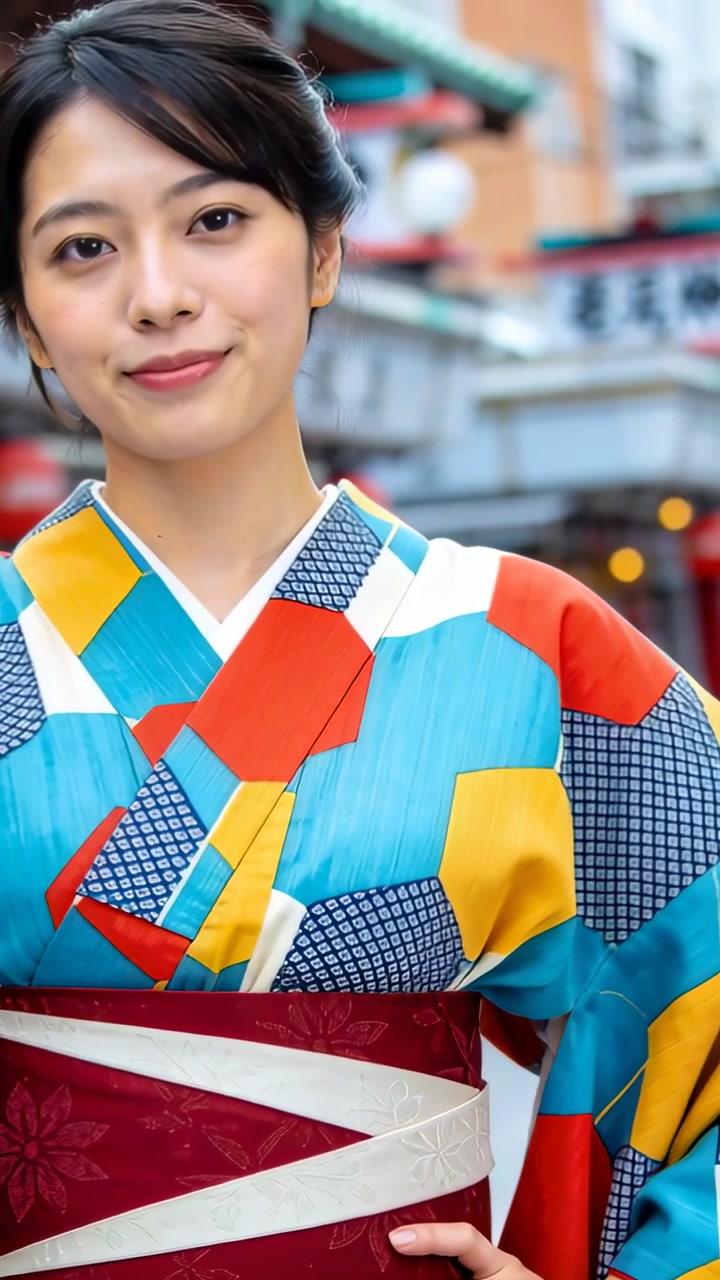 Video verticale: Reagendo al segnale della telecamera, una donna aggiusta la posa in un tempio mostrando kimono e obi.
