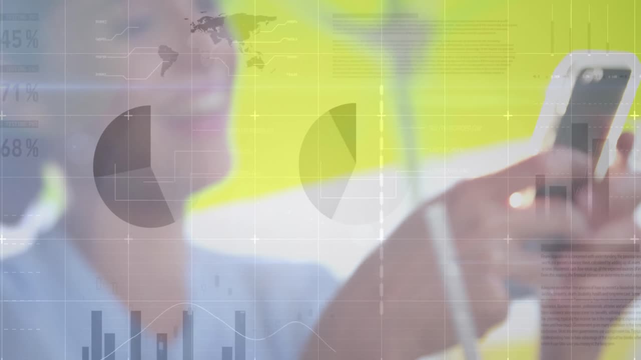 animación de estadísticas y procesamiento de datos sobre mujeres que usan teléfonos inteligentes