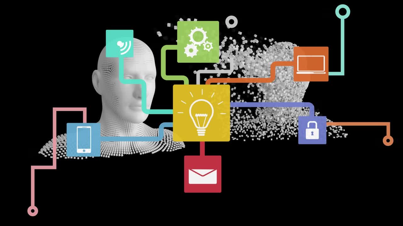 Animation of network of connections with icons over digital human heads on black background
