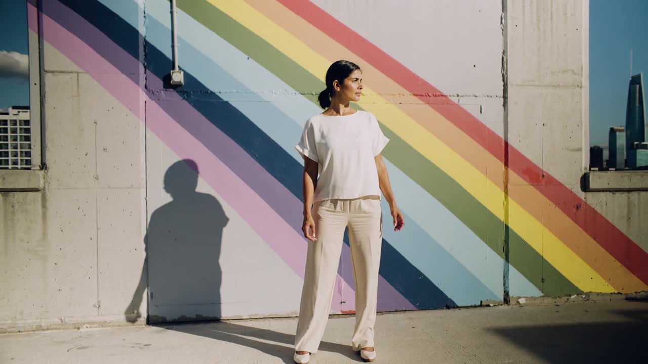 Posing woman turning head on rooftop as camera filming rainbow mural wearing white top for promo