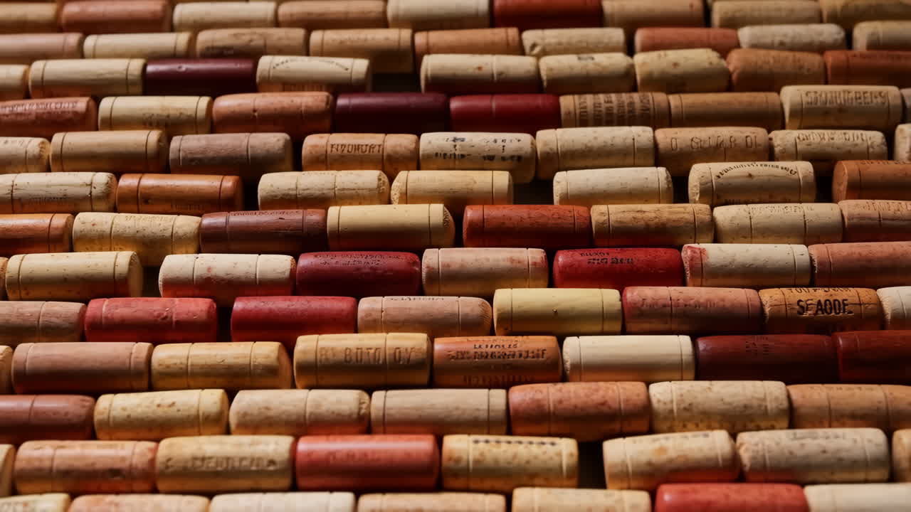 A close-up view of numerous used wine corks arranged in an intricate pattern