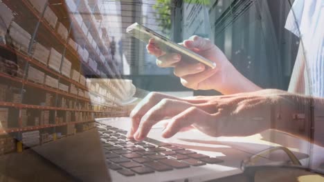 Animation-of-woman-using-smartphone-and-laptop-for-online-payment-with-warehouse-in-background