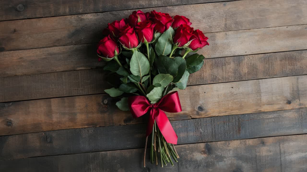 Bouquet di rose rosse su sfondo di legno