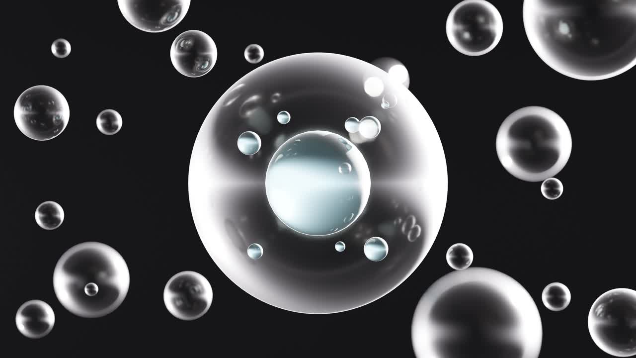 Dark background with transparent spherical bubbles and DNA strands. 3d animation