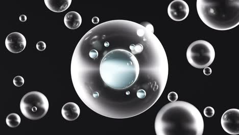 dark background with transparent spherical bubbles and dna strands. 3d animation