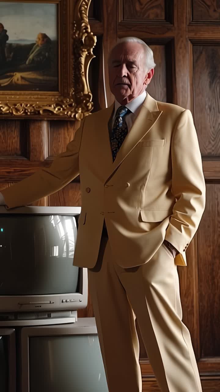 Stilfuld ældre mand i en gul dragt poserer selvsikkert ved siden af vintagefjernsyn, der fremviser en blanding af klassisk mode og retro-teknologi i elegante omgivelser.