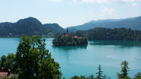 panorama of lake bled with bled island and mountain views at daytime in slovenia