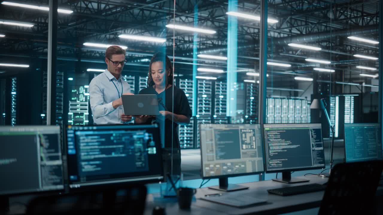 Big Data Center Server: Female e-Business Enrepreneur and Male IT Specialist talk, Use Laptop. Information Technology Engineer and System Administrator Monitoring Web Services Cloud Solution Software